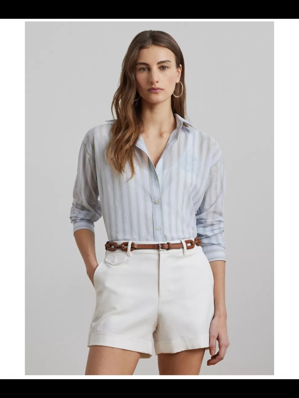Lauren Ralph Lauren Women's Light Blue White Striped Long Sleeve Button Up Shirt